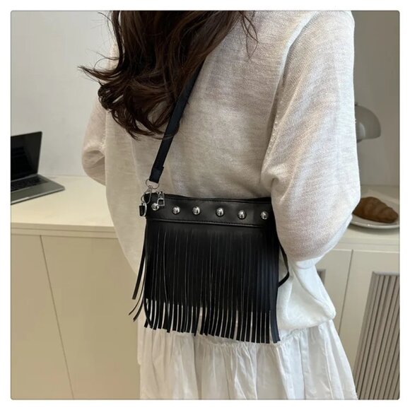 2/$30 Black Fringe Crossbody Leather Bag with Stud Accents Boho Shoulder Purse - Picture 5 of 6